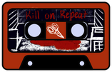 Red cassette tape with a dark blue label. Inside the label is a pair of chalk scissors sketched out in white chalk and the words "Kill on Repeat" carved at the top of the cassette tape in red.