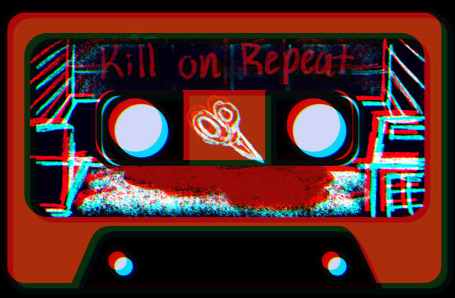 Glitching Red Cassette tape with the words "Kill on Repeat" written in red over a dark blue label