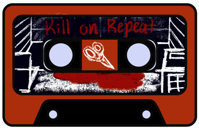 Red cassette tape with a dark blue label. Inside the label is a pair of chalk scissors sketched out in white chalk and the words "Kill on Repeat" carved at the top of the cassette tape in red.